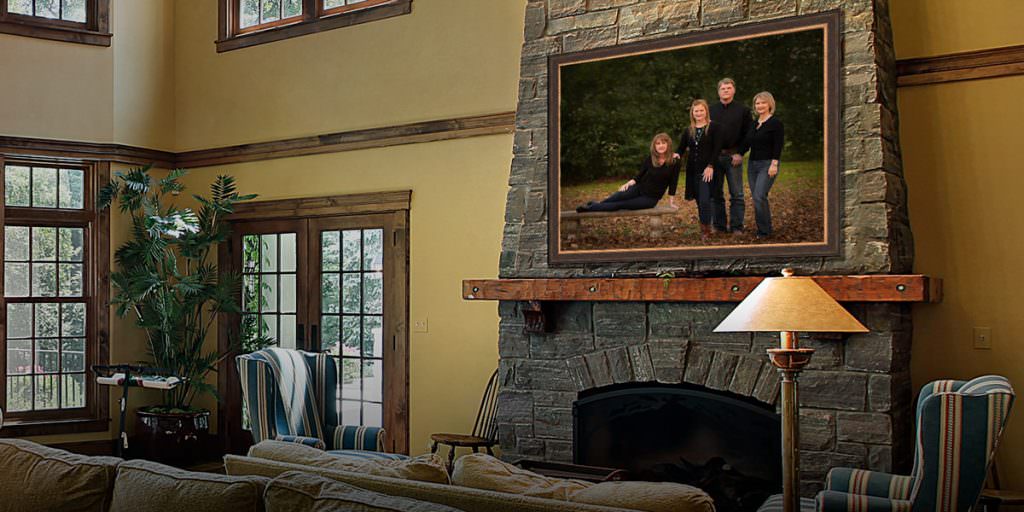 Classic family portrait hanging above a fireplace