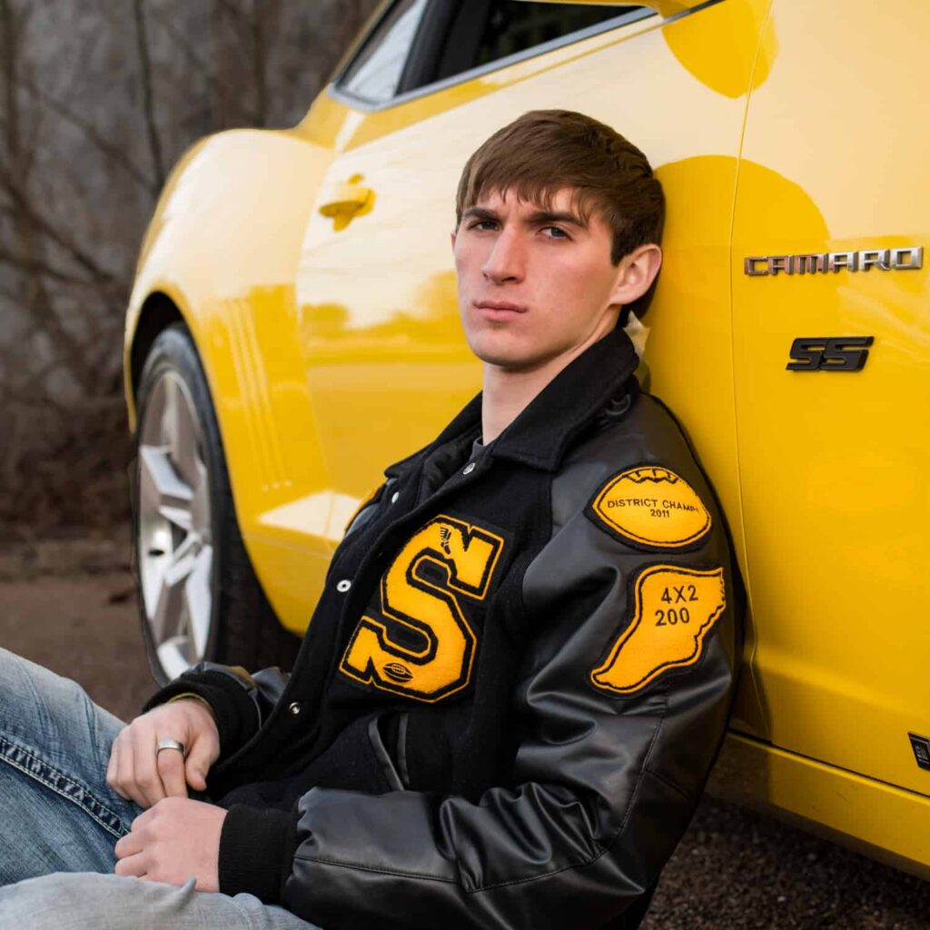 Senior picture of a guy with is car made near Brenham, TX by Sandy Flint
